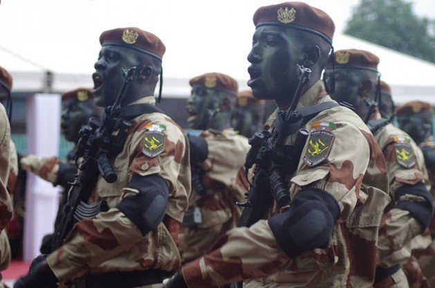 Members of Ivory Coast's armed forces march during the country's Independence Day celebrations on Aug. 7. (Credit: rcb)
